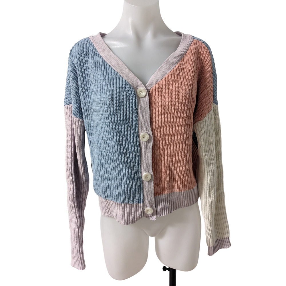moon & madison Sz Large Button Up Rib Knit Cardigan Blue Pink Purple Colorblock